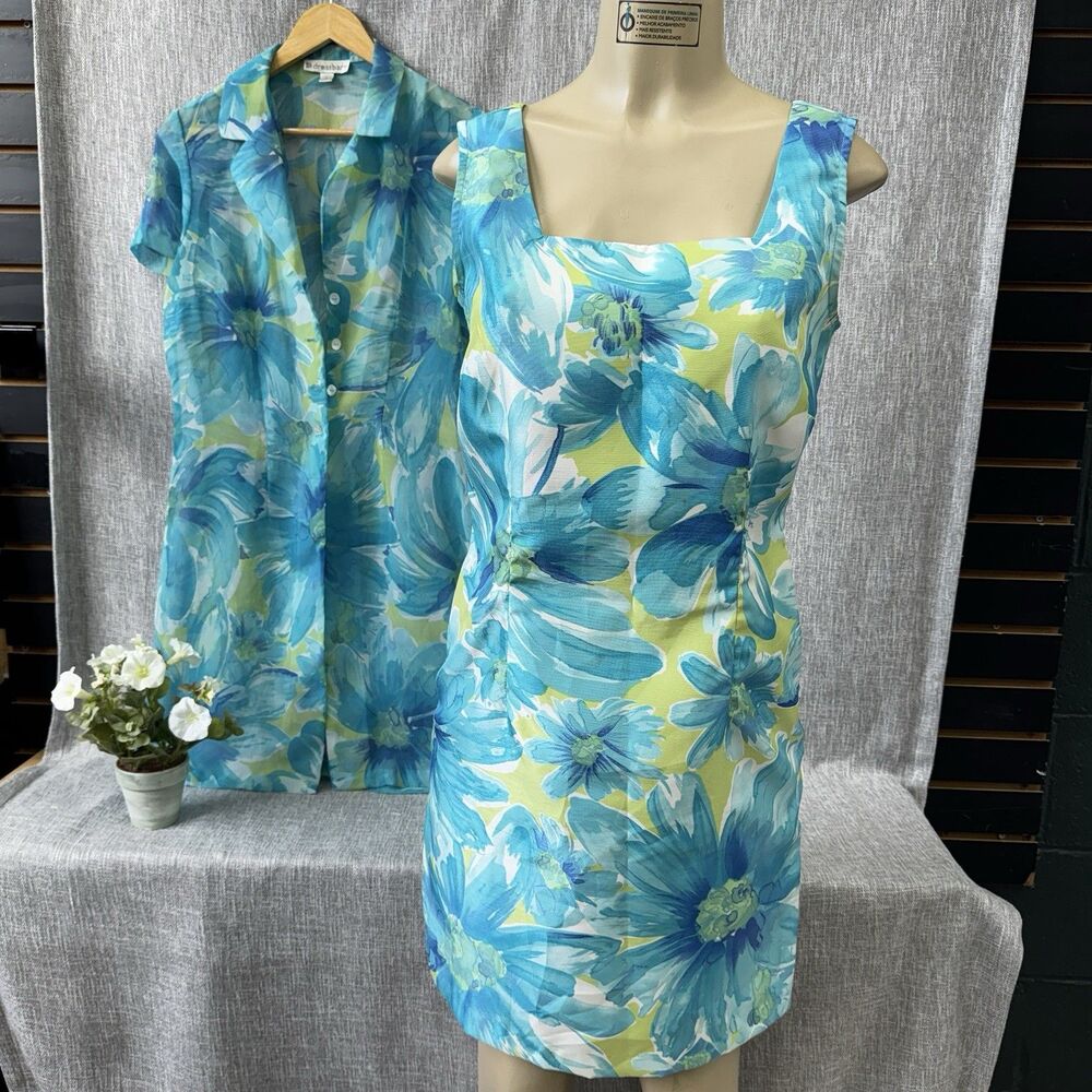 Dressbarn Women's Size 8 Teal Floral Sheath Dress & Sheer Long Jacket 2-in-1 Set